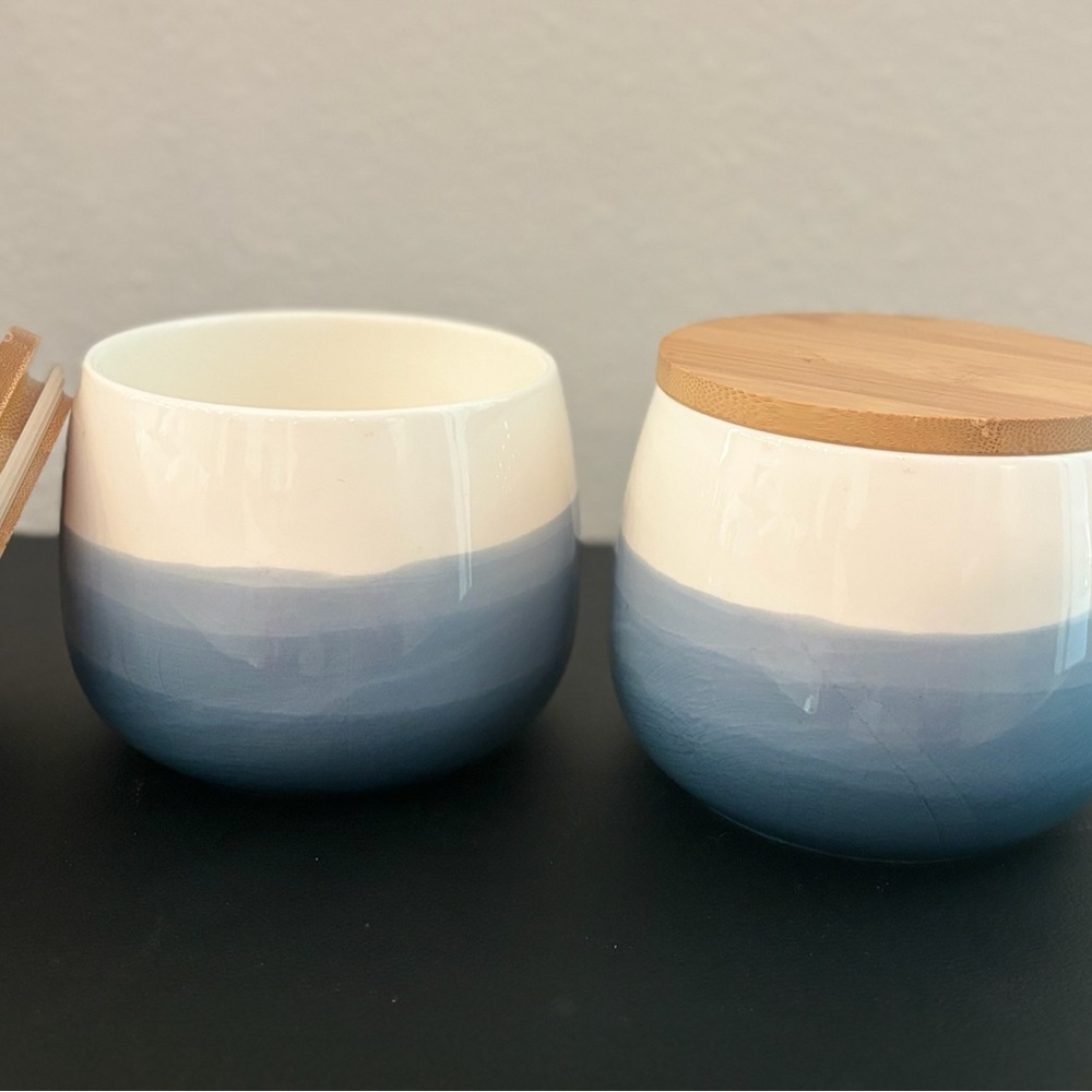Blue and White Ceramic Jars with Wooden Lids